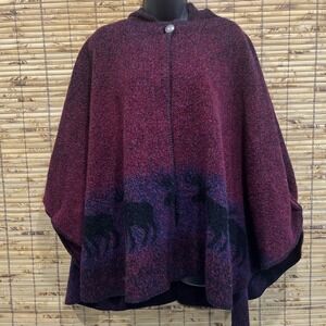 Bear Ridge Outfitters Vtg Wool Blend Fleece Poncho  Cape Hooded Red Moose USA OS